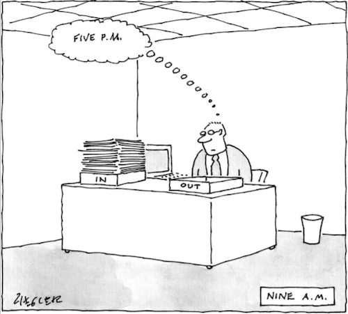 cartoon of a person behind a desk at 9am, wishing it was 5pm