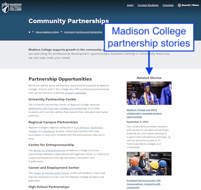 madisoncollege.edu webpage screenshot