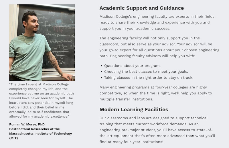 webpage screenshot containing program information and testimonial