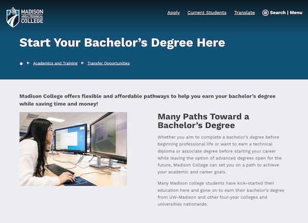 screenshot of Madison College's university transfer overview page